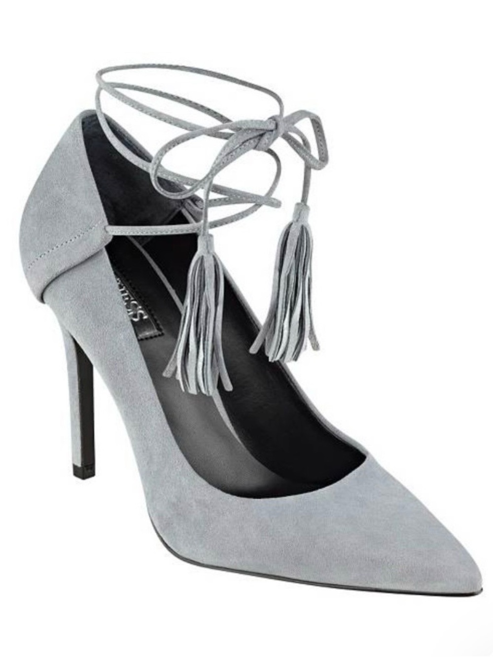 GUESS Suede Tassel Ankle-Tie Heels - Light Gray - Picture 3 of 15